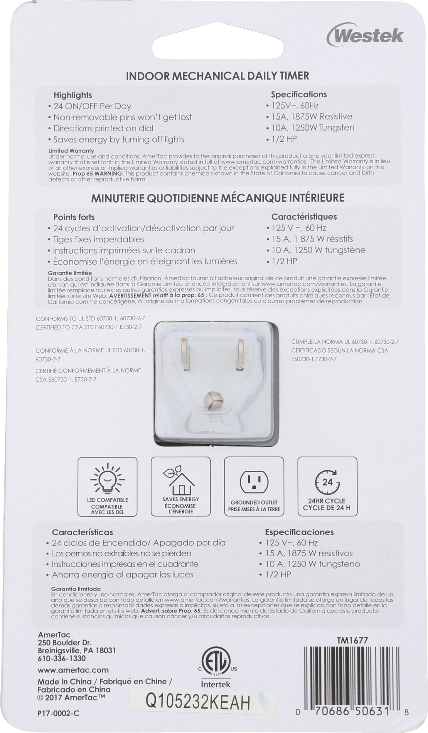 Indoor Mechanical Big Button Daily Timer 1-Outlet Grounded | TM1677